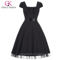 Grace Karin Manga Cuadrado Cuadrado Cuello Alto Estiramiento Negro Vintage Retro Vestido CL008951-1